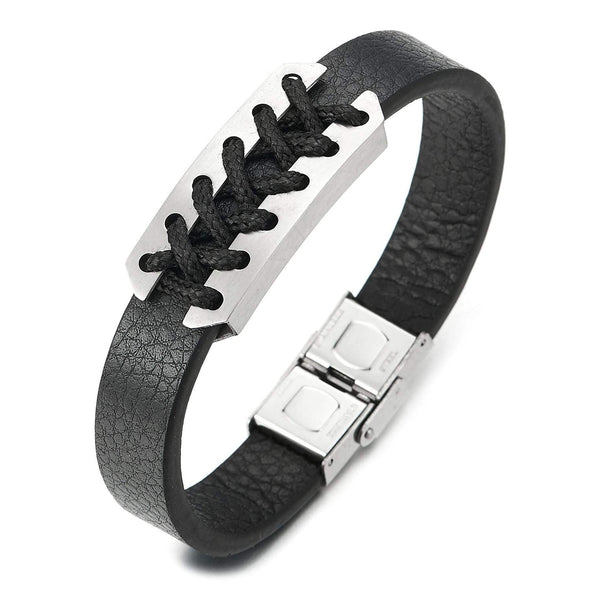 COOLSTEELANDBEYOND Mens Black Cotton Rope Interwoven Steel ID Identification Bangle Bracelet Black Leather Wrap - coolsteelandbeyond