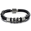 COOLSTEELANDBEYOND Mens Black Leather Bracelet Wristband Bangle with Stainless Steel Skull and Magnetic Clasp - coolsteelandbeyond