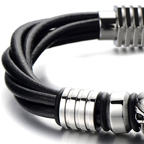 COOLSTEELANDBEYOND Mens Black Leather Bracelet Wristband Bangle with Stainless Steel Skull and Magnetic Clasp - coolsteelandbeyond