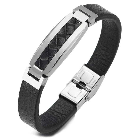 COOLSTEELANDBEYOND Mens Black Leather Wristband Bangle Bracelet, Steel ID Identification Embedded with Braided Leather - coolsteelandbeyond