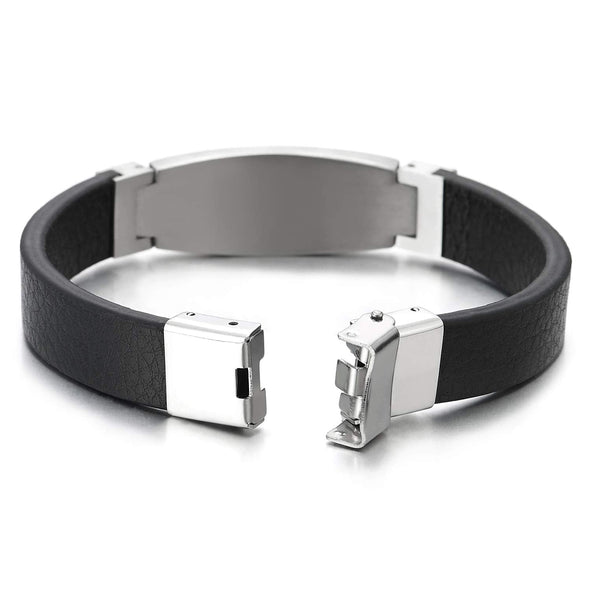 COOLSTEELANDBEYOND Mens Black Leather Wristband Bangle Bracelet, Steel ID Identification Embedded with Braided Leather - coolsteelandbeyond