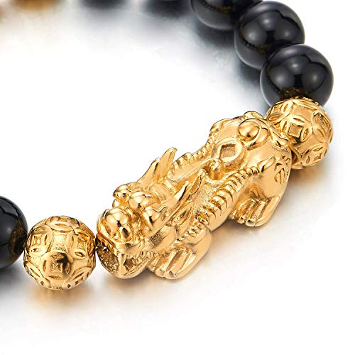 COOLSTEELANDBEYOND Mens Black Onyx Beads Bracelet with Gold Steel Brave Troops and Balls of Coin, Wealth Good Luck - coolsteelandbeyond