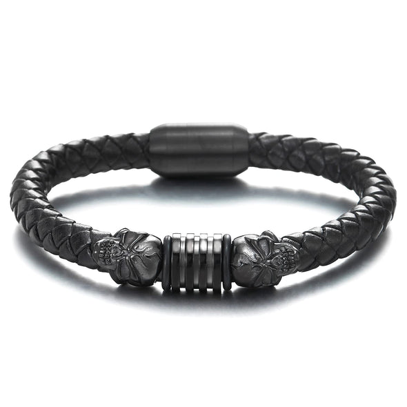 Mens Black Steel Skull Black Leather Bracelet Genuine Leather Wristband Bangle Steel Magnetic Clasp - COOLSTEELANDBEYOND Jewelry