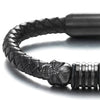 Mens Black Steel Skull Black Leather Bracelet Genuine Leather Wristband Bangle Steel Magnetic Clasp - COOLSTEELANDBEYOND Jewelry