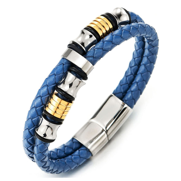 Mens Blue Braided Leather Bracelet Double-Row Bangle Wristband, Silver Gold Color Steel Ornaments - COOLSTEELANDBEYOND Jewelry