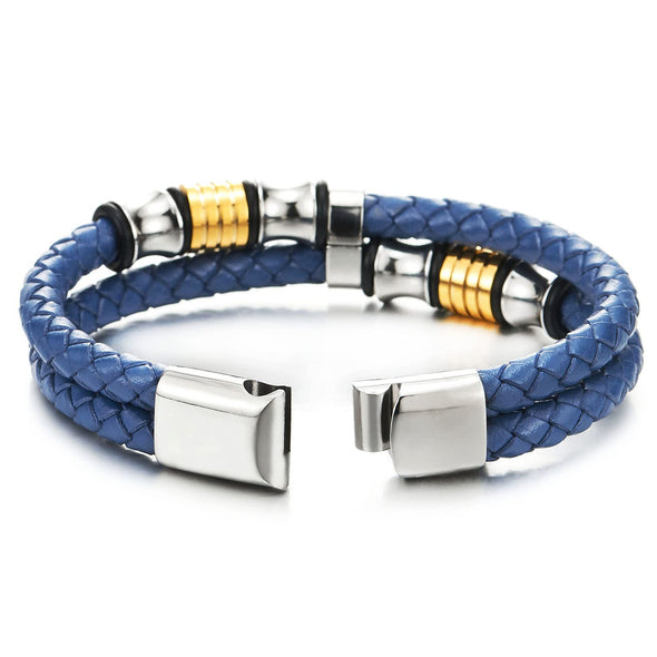 Mens Blue Braided Leather Bracelet Double-Row Bangle Wristband, Silver Gold Color Steel Ornaments - COOLSTEELANDBEYOND Jewelry