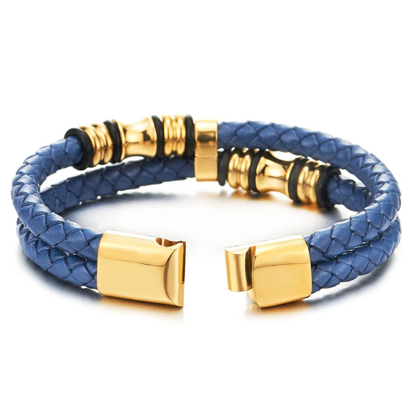 Mens Blue Braided Leather Bracelet Double-Row Bangle Wristband with Gold Color Steel Ornaments - COOLSTEELANDBEYOND Jewelry