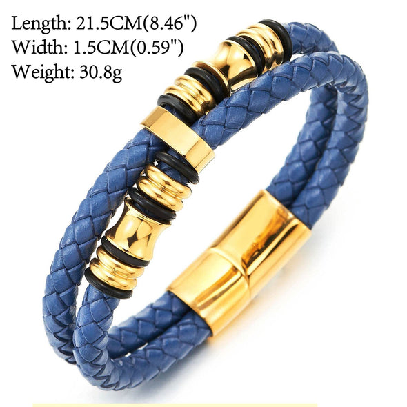Mens Blue Braided Leather Bracelet Double-Row Bangle Wristband with Gold Color Steel Ornaments - COOLSTEELANDBEYOND Jewelry