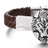 COOLSTEELANDBEYOND Mens Brown Braided Leather Bangle Bracelet with Vintage Stainless Steel Lion Head and Magnetic Clasp - coolsteelandbeyond