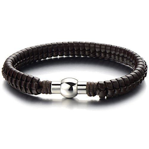 COOLSTEELANDBEYOND Mens Brown Braided Leather Bracelet Genuine Leather Bangle Wristband with Magnetic Clasp - coolsteelandbeyond