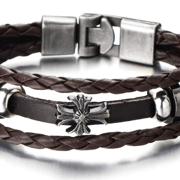 Mens Cross Brown Braided Leather Bracelet Multi-Strand Genuine Leather Wristband Wrap Bracelet