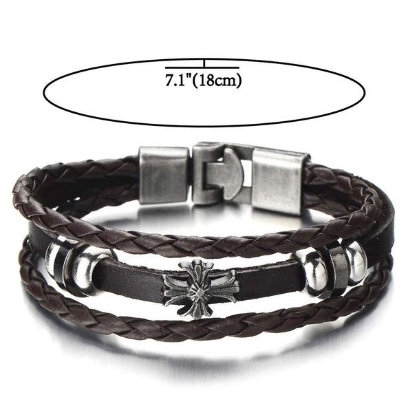 Mens Cross Brown Braided Leather Bracelet Multi-Strand Genuine Leather Wristband Wrap Bracelet
