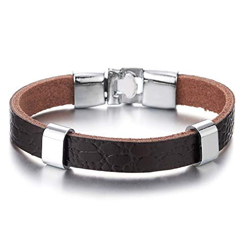 COOLSTEELANDBEYOND Mens Dark Brown Leather Bracelet Bangle Wristband with Metal Charms - coolsteelandbeyond
