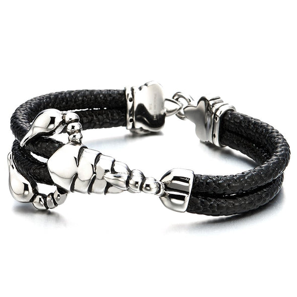 Mens Double-Lap Leather Bracelet with Stainless Steel Scorpion and Black Genuine Leather Straps