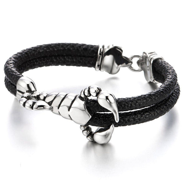 Mens Double-Lap Leather Bracelet with Stainless Steel Scorpion and Black Genuine Leather Straps