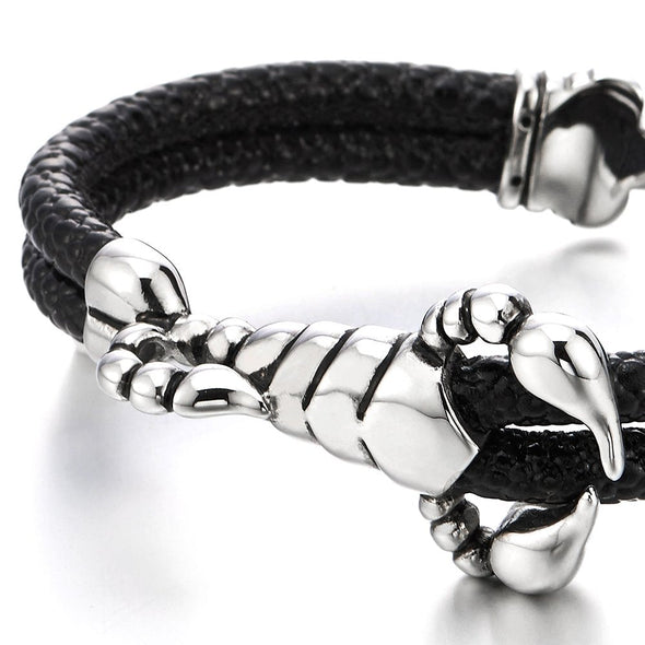 Mens Double-Lap Leather Bracelet with Stainless Steel Scorpion and Black Genuine Leather Straps