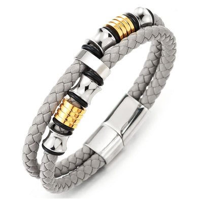 Mens Double-Row Beige Grey Braided Leather Bracelet Bangle Wristband, Silver Gold Steel Ornaments - COOLSTEELANDBEYOND Jewelry