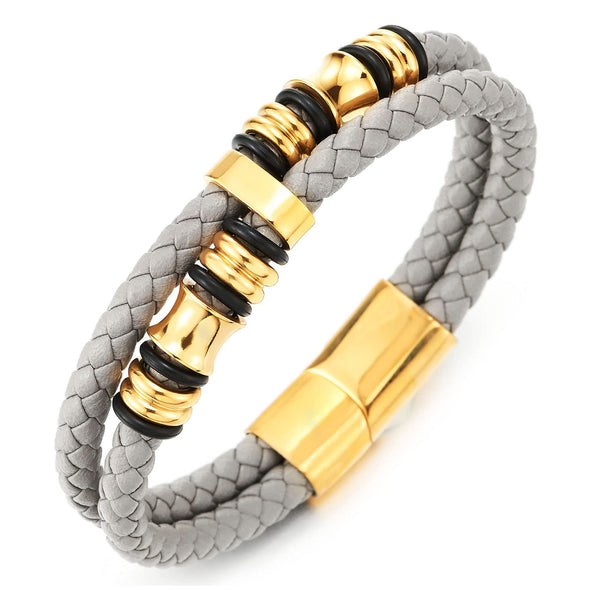 Mens Double-Row Beige Grey Braided Leather Bracelet Bangle Wristband with Gold Steel Ornaments - COOLSTEELANDBEYOND Jewelry