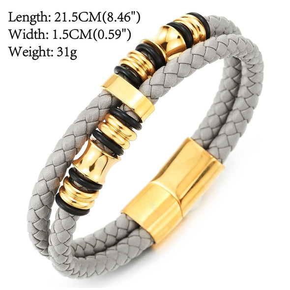 Mens Double-Row Beige Grey Braided Leather Bracelet Bangle Wristband with Gold Steel Ornaments - COOLSTEELANDBEYOND Jewelry