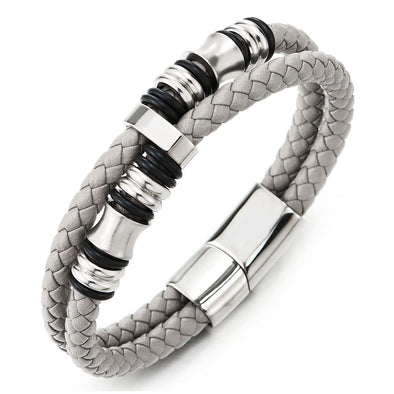 Mens Double-Row Beige Grey Braided Leather Bracelet Bangle Wristband with Silver Steel Ornaments - COOLSTEELANDBEYOND Jewelry