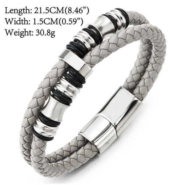 Mens Double-Row Beige Grey Braided Leather Bracelet Bangle Wristband with Silver Steel Ornaments - COOLSTEELANDBEYOND Jewelry
