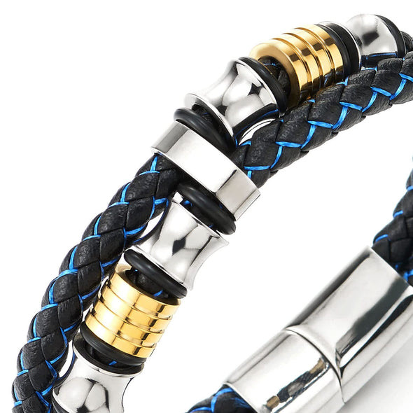 Mens Double-Row Black Blue Braided Leather Bracelet Bangle Wristband, Silver Gold Steel Ornaments - COOLSTEELANDBEYOND Jewelry
