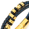 Mens Double-Row Black Blue Braided Leather Bracelet Bangle Wristband with Gold Steel Ornaments - COOLSTEELANDBEYOND Jewelry