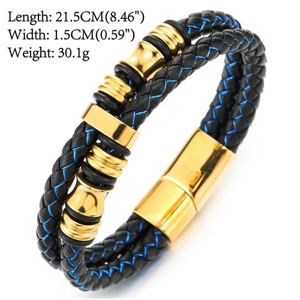 Mens Double-Row Black Blue Braided Leather Bracelet Bangle Wristband with Gold Steel Ornaments - COOLSTEELANDBEYOND Jewelry