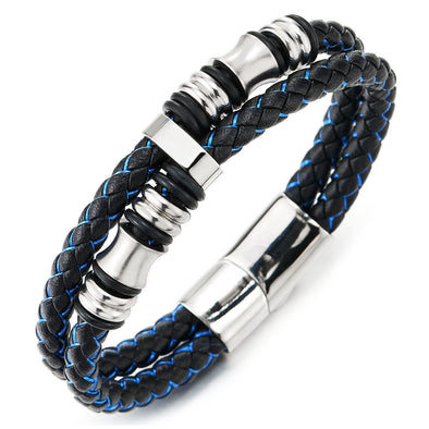 Mens Double-Row Black Blue Braided Leather Bracelet Bangle Wristband with Silver Steel Ornaments - COOLSTEELANDBEYOND Jewelry