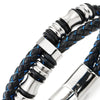 Mens Double-Row Black Blue Braided Leather Bracelet Bangle Wristband with Silver Steel Ornaments - COOLSTEELANDBEYOND Jewelry