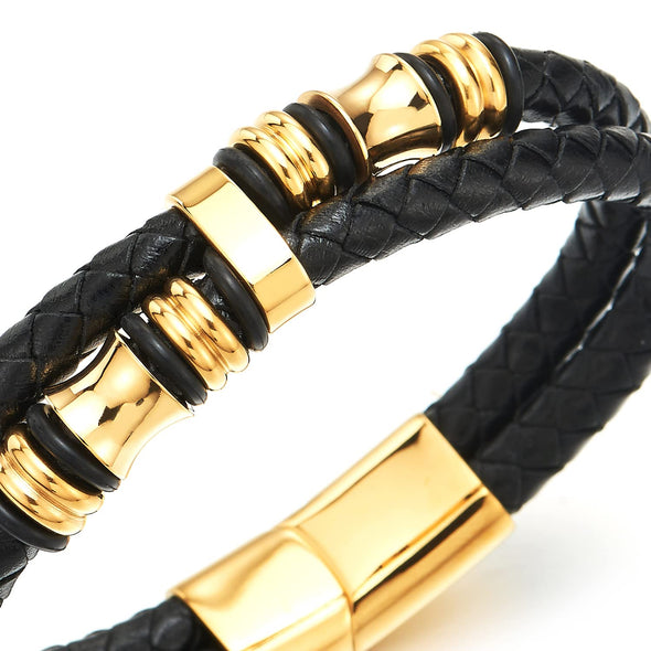Mens Double-Row Black Braided Leather Bracelet Bangle Wristband Gold Color Stainless Steel Ornaments - COOLSTEELANDBEYOND Jewelry