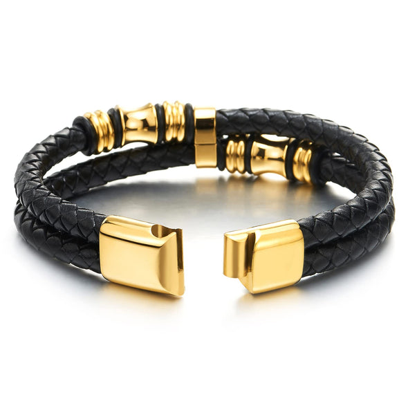 Mens Double-Row Black Braided Leather Bracelet Bangle Wristband Gold Color Stainless Steel Ornaments - COOLSTEELANDBEYOND Jewelry