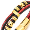 Mens Double-Row Black Red Braided Leather Bracelet Bangle Wristband with Gold Steel Ornaments - COOLSTEELANDBEYOND Jewelry
