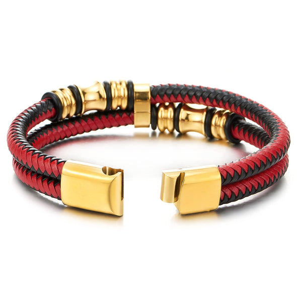 Mens Double-Row Black Red Braided Leather Bracelet Bangle Wristband with Gold Steel Ornaments - COOLSTEELANDBEYOND Jewelry