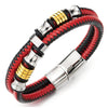 Mens Double-Row Black Red Braided Leather Bracelet Bangle Wristband with Silver Gold Steel Ornaments - COOLSTEELANDBEYOND Jewelry