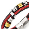 Mens Double-Row Black Red Braided Leather Bracelet Bangle Wristband with Silver Gold Steel Ornaments - COOLSTEELANDBEYOND Jewelry