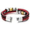 Mens Double-Row Black Red Braided Leather Bracelet Bangle Wristband with Silver Gold Steel Ornaments - COOLSTEELANDBEYOND Jewelry