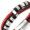Mens Double-Row Black Red Braided Leather Bracelet Bangle Wristband with Silver Steel Ornaments - COOLSTEELANDBEYOND Jewelry