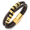 Mens Double-Row Brown Braided Leather Bracelet Bangle Wristband, Gold Color Steel Ornaments - COOLSTEELANDBEYOND Jewelry