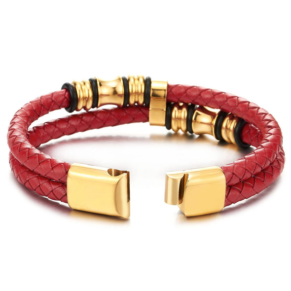 Mens Double-Row Red Braided Leather Bracelet Bangle Wristband, Gold Color Steel Ornaments - COOLSTEELANDBEYOND Jewelry