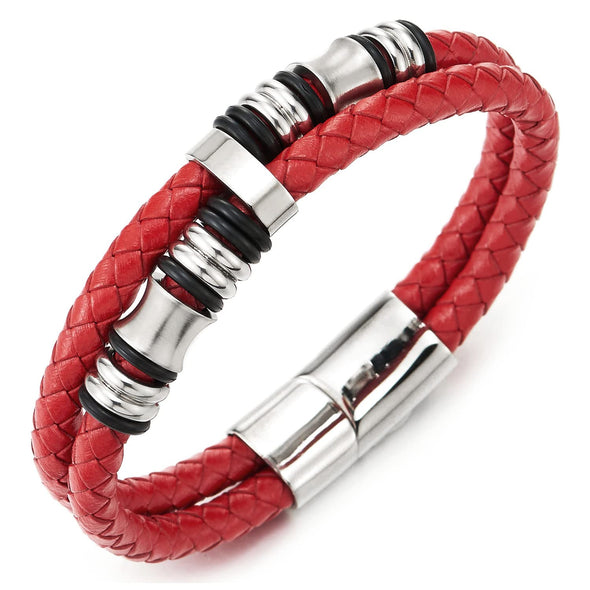 Mens Double-Row Red Braided Leather Bracelet Bangle Wristband, Silver Color Steel Ornaments - COOLSTEELANDBEYOND Jewelry
