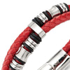 Mens Double-Row Red Braided Leather Bracelet Bangle Wristband, Silver Color Steel Ornaments - COOLSTEELANDBEYOND Jewelry