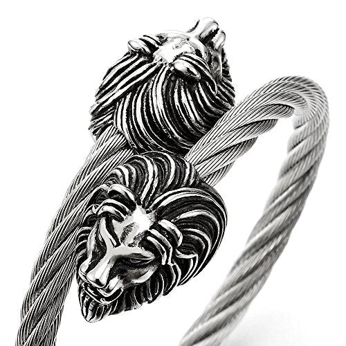 COOLSTEELANDBEYOND Mens Elastic Adjustable Lion Head Bangle Bracelet Stainless Steel Twisted Cable Cuff Bracelet - coolsteelandbeyond
