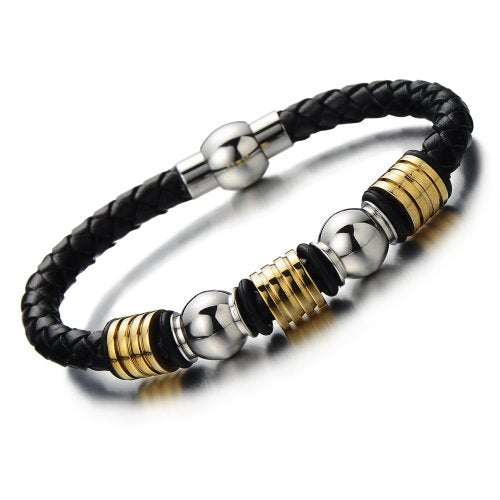 COOLSTEELANDBEYOND Mens Genuine Black Braided Leather Bangle Bracelet with Stainless Steel Bead String and Magnetic Clasp - coolsteelandbeyond