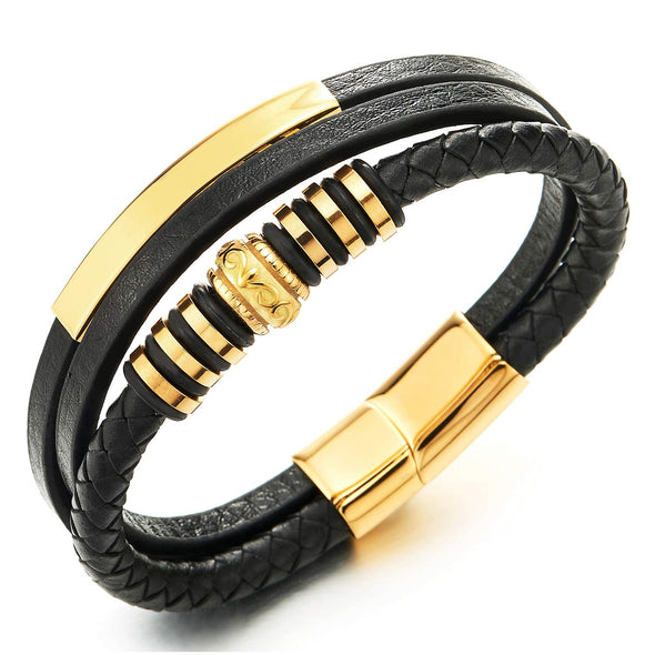 Mens Gold ID Identification Three-Strand Black Leather Bracelet Steel Tribal Bead Rubber Ring Charms