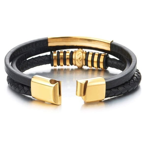 Mens Gold ID Identification Three-Strand Black Leather Bracelet Steel Tribal Bead Rubber Ring Charms