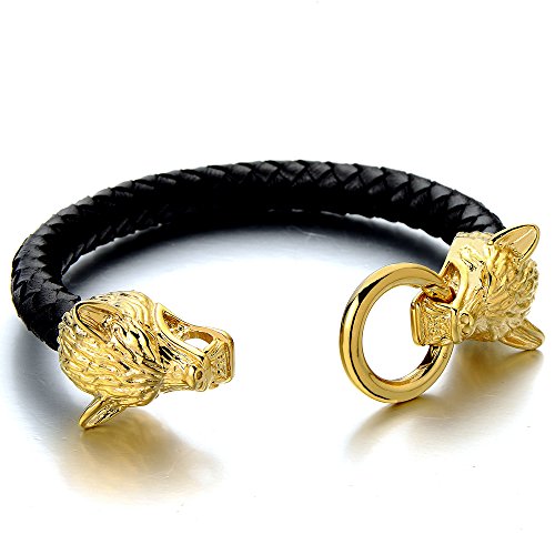 Mens Gold Wolf Head Bracelet Black Genuine Braided Leather Bangle ...