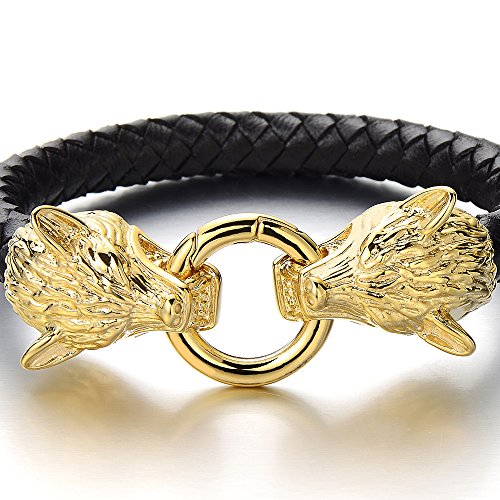 COOLSTEELANDBEYOND Mens Gold Wolf Head Bracelet Black Genuine Braided Leather Bangle Wristband Stainless Steel - coolsteelandbeyond