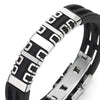 COOLSTEELANDBEYOND Mens Grid Black Silicone Bracelet Wristband with Steel Charms ID Identification, Buckle Clasp - coolsteelandbeyond
