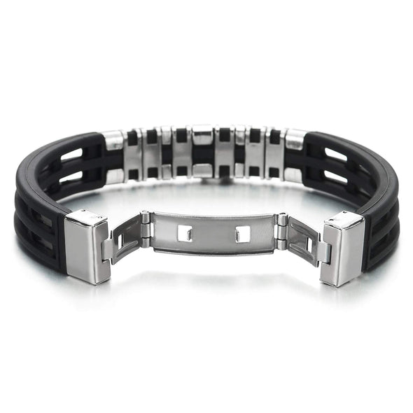 COOLSTEELANDBEYOND Mens Grid Black Silicone Bracelet Wristband with Steel Charms ID Identification, Buckle Clasp - coolsteelandbeyond